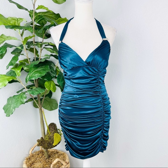 LOVE TEASE BLUE TEAL BLING SCRUNCH MINI BODY CON HALTER TOP DRESS - Picture 1 of 6
